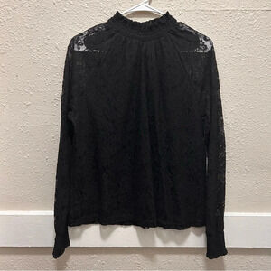 Ultra Pink Mock Neck Lace Black Blouse Large
